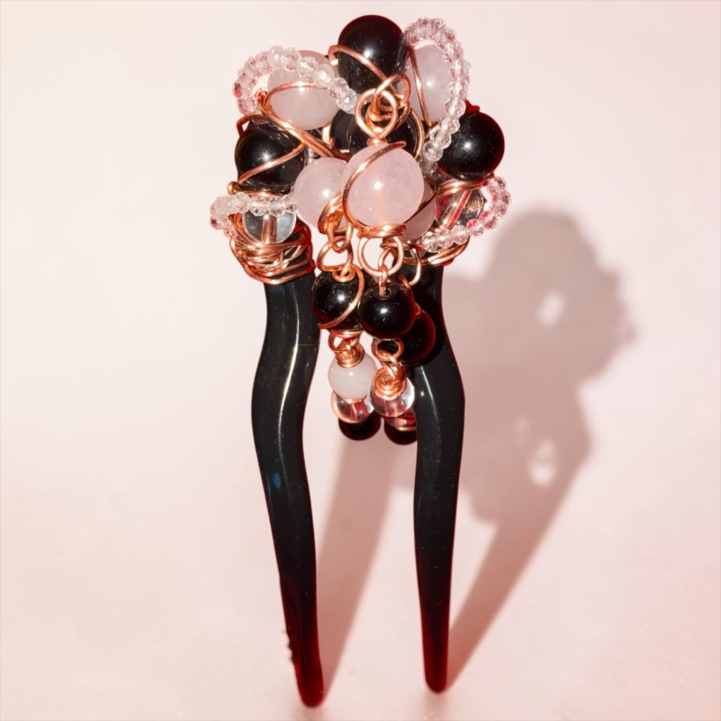Obsidian, Rose Quartz, & Clear Quartz Hair Adornment