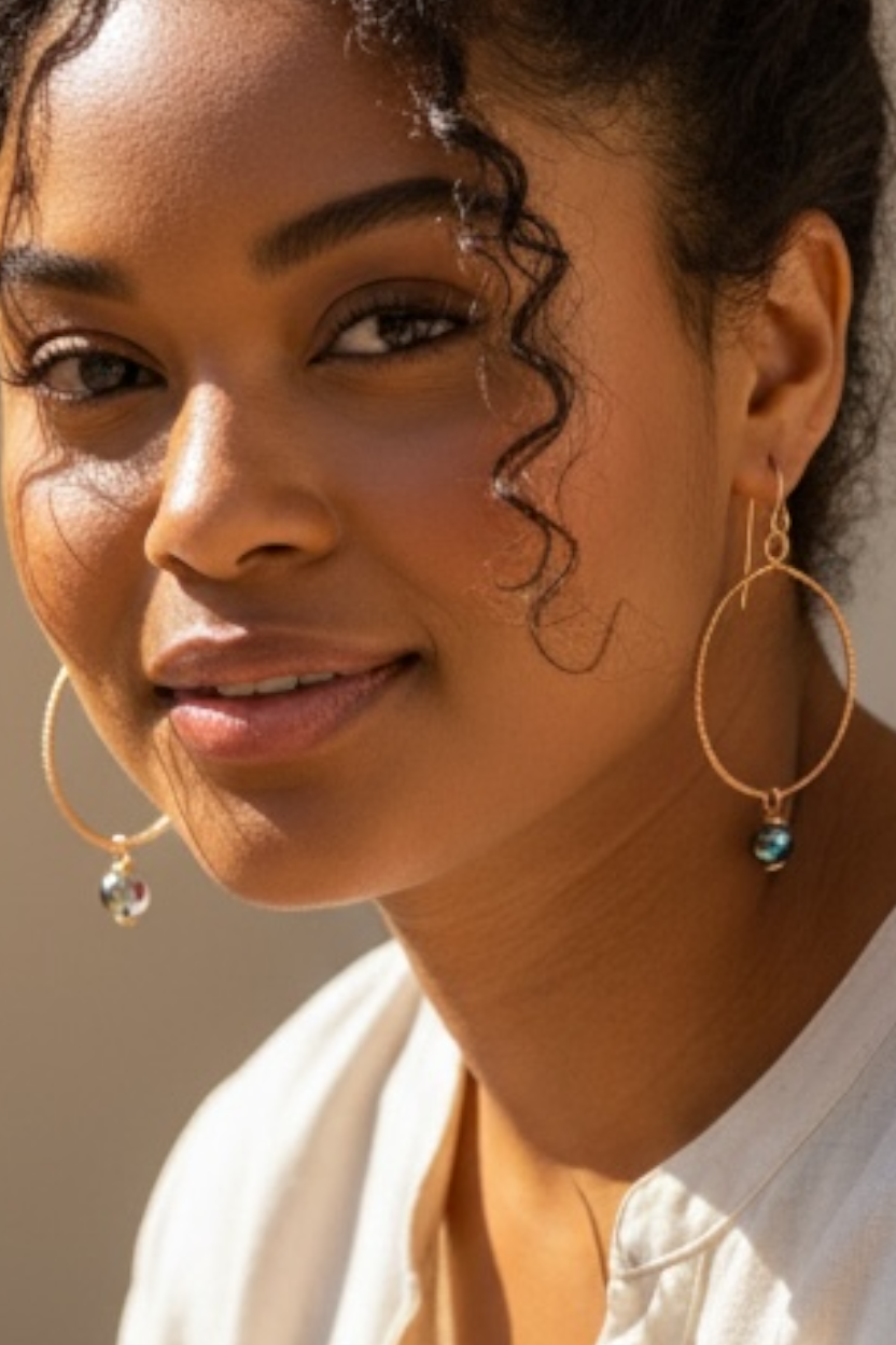 Twisted Copper Hoops w/Black Pearl Earrings Model wearing Twisted Copper Hoops w/Black Pearl Earrings