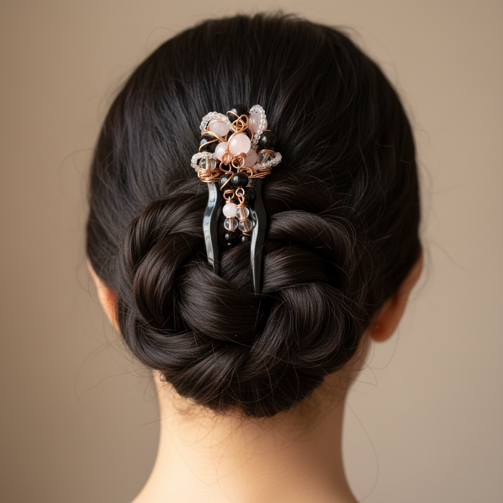 Obsidian, Rose Quartz, & Clear Quartz Hair Adornment - Image 2